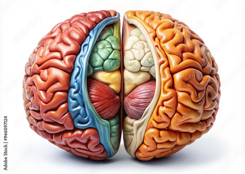 A Split Brain Dissected Into Two Halves, Labeled With Anatomical ...