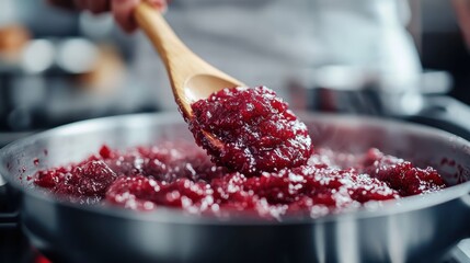 A close-up shot of someone using a wooden spoon to stir red jam in a pan, showing the cooking process and texture of the jam as it heats up on the stove and begins to thicken.