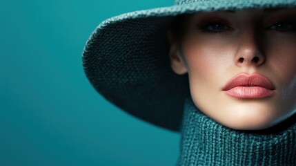 A woman wears a large, knitted hat in a cozy fashion portrait against a dark blue background, combining warmth and style with a touch of modern chic and serenity.