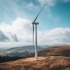 Sticker - Wind turbine on a hilltop with a view of the mountains.