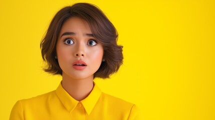 Wall Mural - A woman with brown hair and a yellow shirt is looking at the camera with wide eyes. Concept of surprise or shock