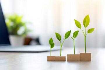 A vibrant display of growing plants symbolizing growth and sustainability against a modern workspace backdrop.