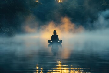 Poster - silhouette of person meditating by misty pond at dawn ethereal light zen atmosphere