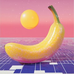 Sticker - Yellow banana on a pink and blue retro background.