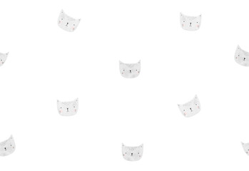 Wall Mural - Cute Seamless Vector Pattern With Smiling Baby Cats. Gray Kittens on a White Background. Endless Print with Hand Drawn Kitty Heads. Nursery Repeatable Design. 