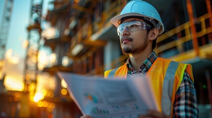 A group of Asian engineers wearing white helmets and yellow vests, holding papers and working together at a construction site with a tower crane in the background. The building is under construction, 