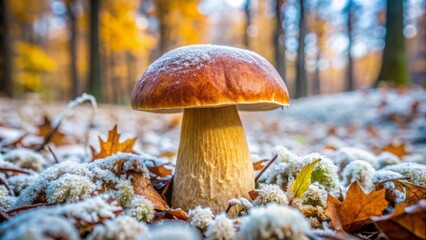 A vibrant Boletus frostii mushroom with a rounded cap and slender stem grows amidst fallen leaves and frosty