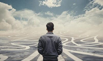 A man stands in front of a road with many twists and turns