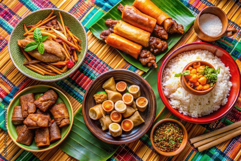 Vibrant arrangement of traditional Filipino dishes, including steaming ...