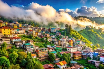 Vibrant buildings and quaint shops line the winding streets of Shillong town, surrounded by lush green hills and misty clouds in the scenic Indian state of Meghalaya.