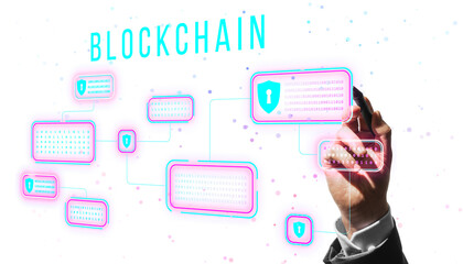 Poster - Hand drawing a digital blockchain network with binary code and shield icons, modern graphic style, white background, concept of digital security