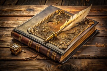 A vintage-style, rustic, leather-bound book mockup with golden filigree and ornate details, laying open on a worn