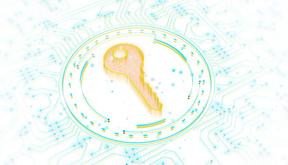 Poster - A digital key icon is centered on a neon circuit board background. The design suggests concepts of security and technology. 3D Rendering