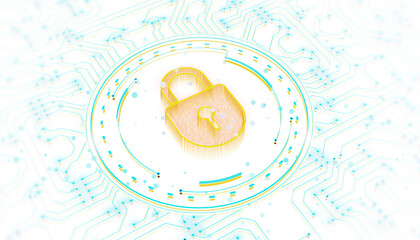 Aufkleber - Cybersecurity concept with a golden lock icon in the center of a blue neon digital circuit on a white background, symbolizing data protection. 3D Rendering