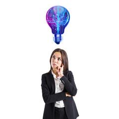 Woman in business attire thinking, with a digital circuit light bulb above her head, isolated on white background. Concept of innovation and technology