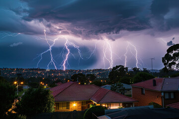 Generative ai on theme of scary bright electric lightning bolt with branches in the night dark sky