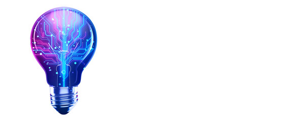 Poster - Light bulb with neon blue circuit pattern on white background. Concept of technology, innovation, and artificial intelligence. 3D Rendering