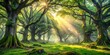 © Sirinporn - Vibrant green forest glade with ancient trees, twinkling sunlight, and misty atmosphere, showcasing the serene and untouched beauty of the natural world.