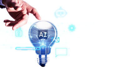 Poster - Hand reaching for a light bulb with AI text inside, surrounded by technology icons on a white background. Concept of artificial intelligence and innovation