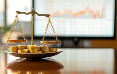 Poster - A balance scale atop a plate of coins, symbolizing financial analysis with a stock market graph in the background.