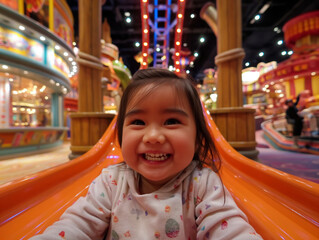 Canvas Print - A young girl is smiling and riding a slide at a theme park. The scene is bright and cheerful, with the girl's smile reflecting the fun and excitement of the moment