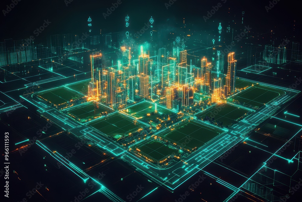 A futuristic digital rendering of an urban city plan, featuring ...