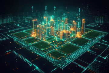 a futuristic digital rendering of an urban city plan, featuring advanced technology, sustainable inf