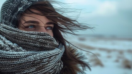 Woman bundled in winter clothing stands against snowy landscape, looking towards a distance, with wind blowing her hair.