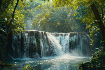 Generative ai on theme of beautiful majestic waterfall in natural nature, national park attraction