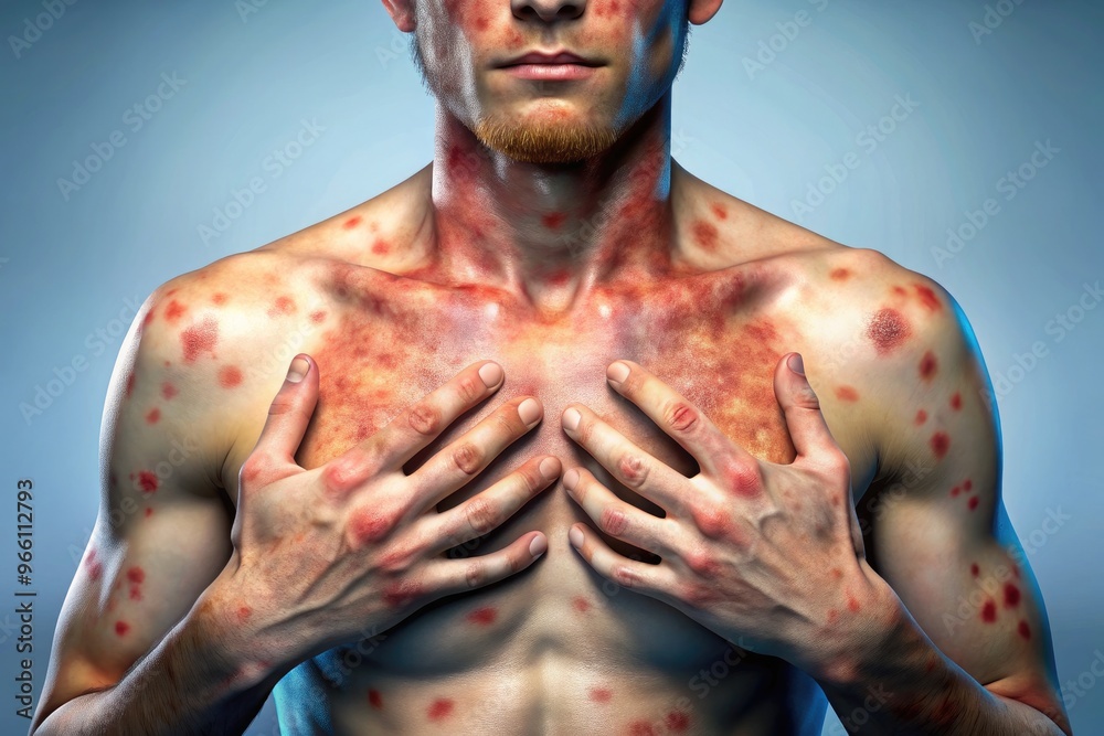 Visible rashes, lesions, and skin discoloration on the hands, face, and ...