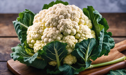 A fresh head of cauliflower sits on a wooden cutting board, ready to be cooked