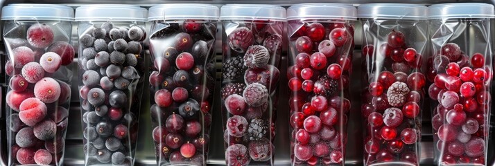 Many frozen berries in plastic bags, deep freeze red and black currants, iced fruits, healthy eating