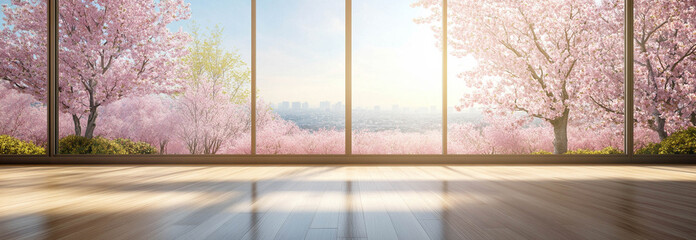 Empty living room with a wooden floor with a cherry blossom landscape view