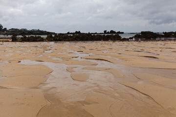 Cantabria, beach Trengandin in Town of Noja, with karst formations revealed by a low tide 