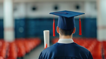 A back view of a graduate wearing a cap and gown holding a diploma, standing in an empty auditorium, symbolizing achievement and new beginnings.