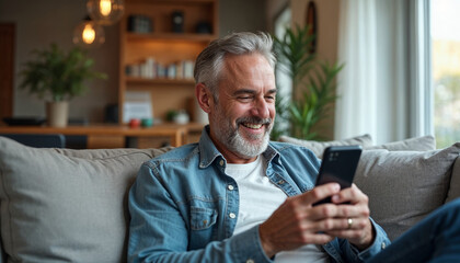 Wall Mural - Relaxed happy older mature middle aged man holding mobile phone using cellphone sitting at home on sofa in modern living room, chatting online, texting messages, reading news, shopping in apps