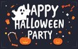 © StockImage ISO - A festive Halloween party invitation with white text, orange pumpkins and a friendly ghost on a dark blue background.