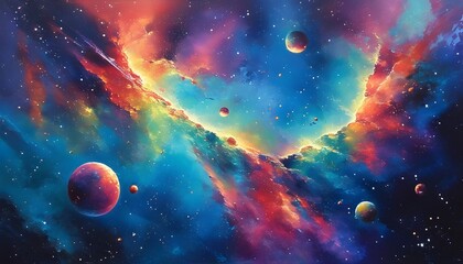 Vibrant Abstract Nebula with Planets and Stars in a Colorful Cosmic Landscape