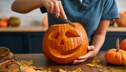 Wall Mural - Creative Autumn Activity Carving a Pumpkin for Halloween Celebration