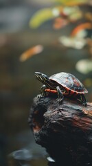 Poster - Painted turtle perched on rock in nature, close-up view. Wildlife and conservation concept