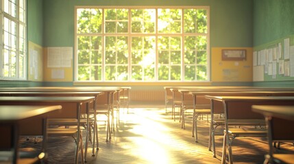 Sticker - Sunlight streaming through large windows into an empty classroom