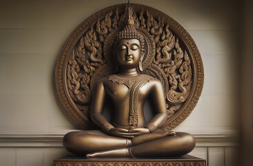 Wall Mural - A bronze Buddha statue sitting in meditation, surrounded by an intricate, circular carving. 