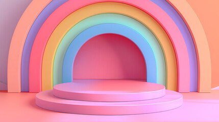 Minimal product display podium ,Colorful rainbow arch display podium background with natural lighting