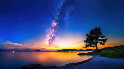 Wall Mural - Milky Way Galaxy Over Calm Lake with Silhouette Tree at Sunset