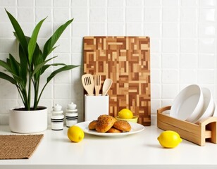 Parquet Elegance: A Beautifully Crafted Cutting Board Amidst a Modern Kitchen Setup with Freshly Baked Bread Rolls, Lemons, and Essential Cooking Utensils