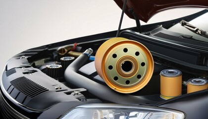 An automotive oil filter hangs above a car's engine bay, showcasing essential maintenance components for vehicle care.