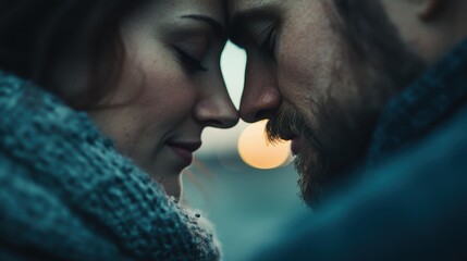 Two individuals wearing cozy sweaters share an intimate and affectionate moment, with the image artistically blurred to evoke a feeling of warmth and emotional closeness.