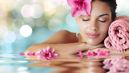 Wall Mural - Young woman with plumeria flower lying on couch in spa salon