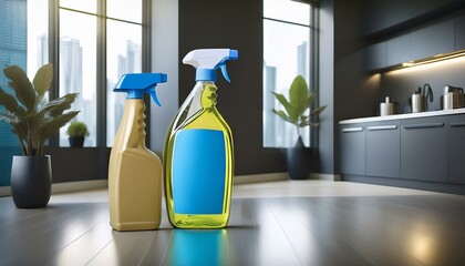 Two colorful spray bottles stand prominently in a modern kitchen, showcasing effective cleaning solutions for a shiny home.