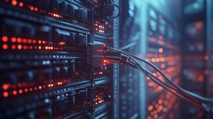 Poster - wires and lights connect data servers in a modern computing facility during nighttime operations